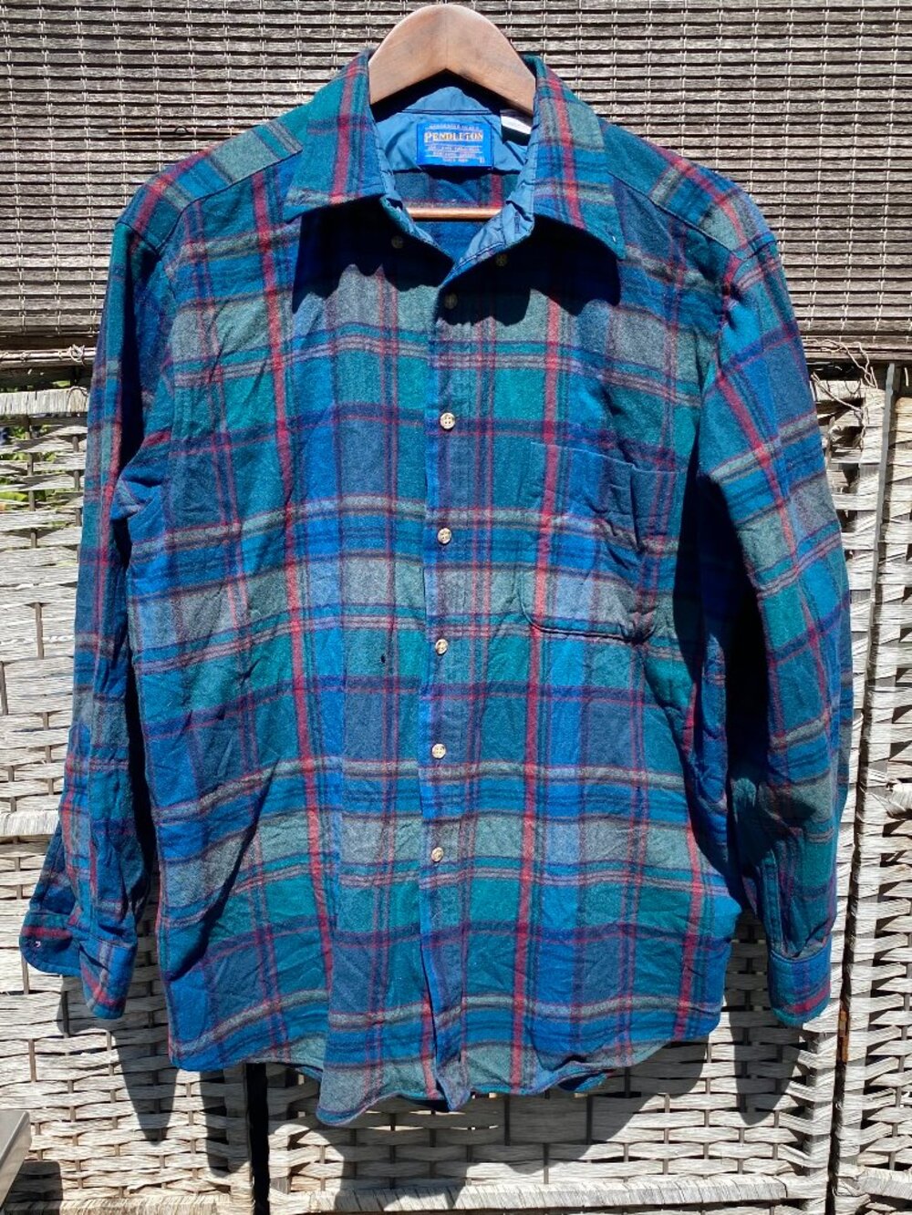 Vintage Pendleton Wool Board Shirt BANDO Distressed Blue Plaid Made in USA Large
